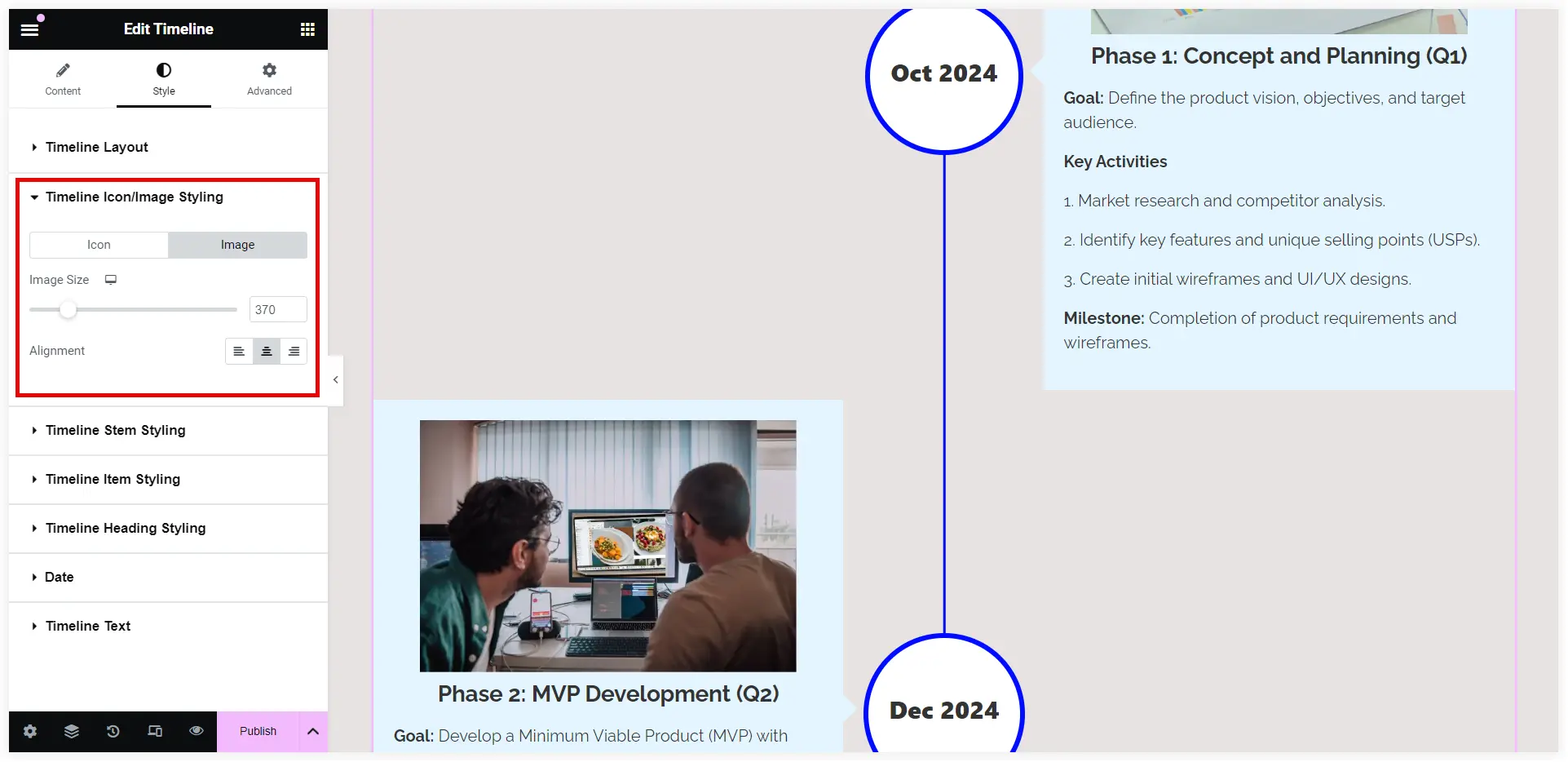 Elementor timeline image styling