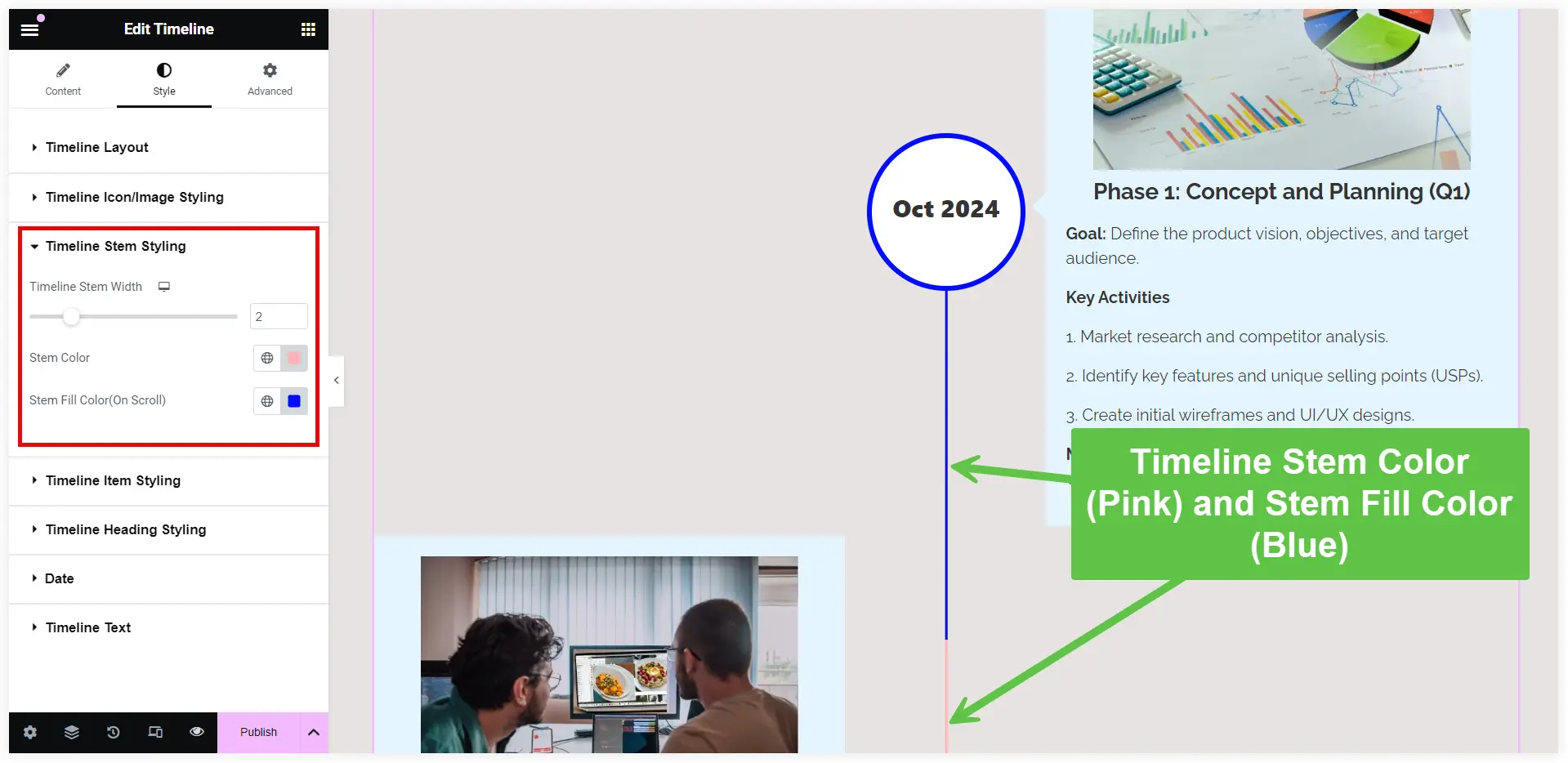 Product roadmap timeline stem styling