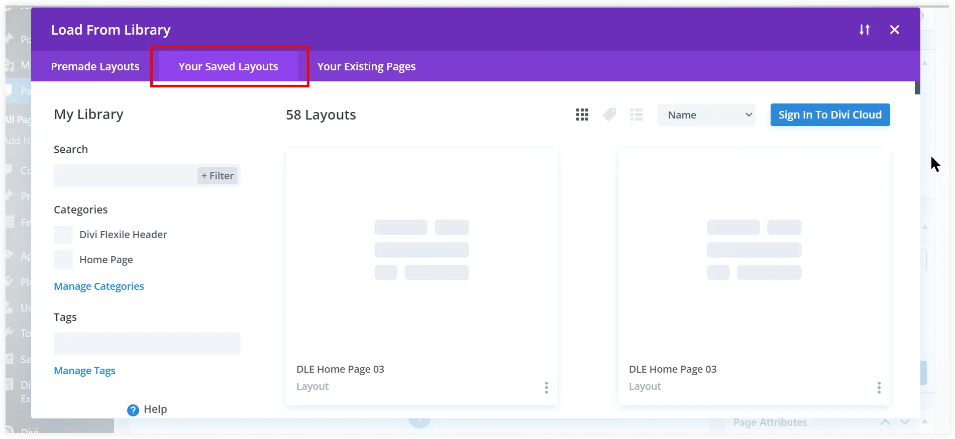 Divi library saved layouts