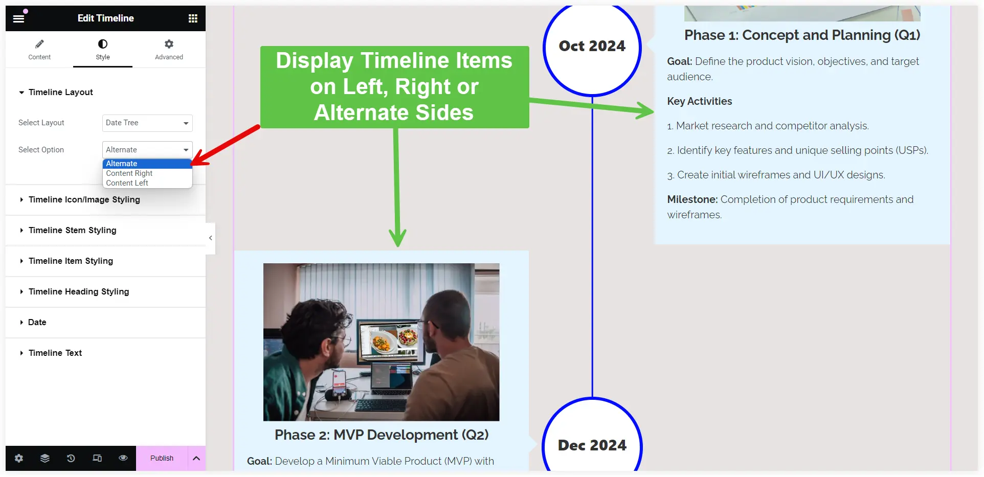 Select display side in product roadmap timeline 