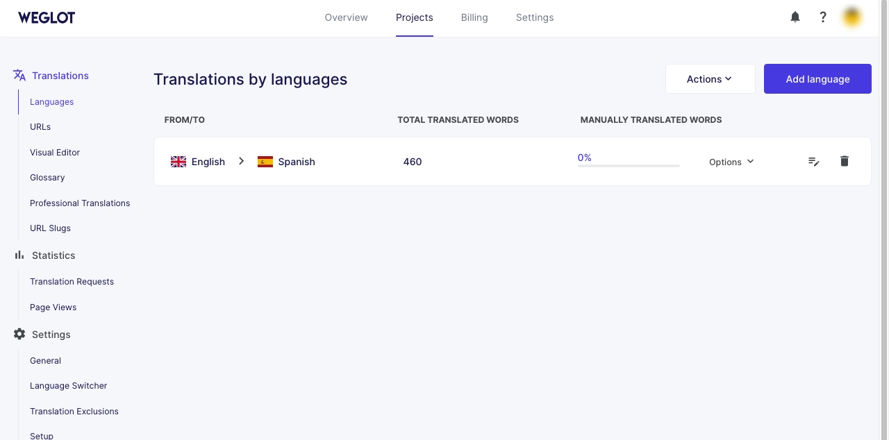 Translation controls on Weglot platform.