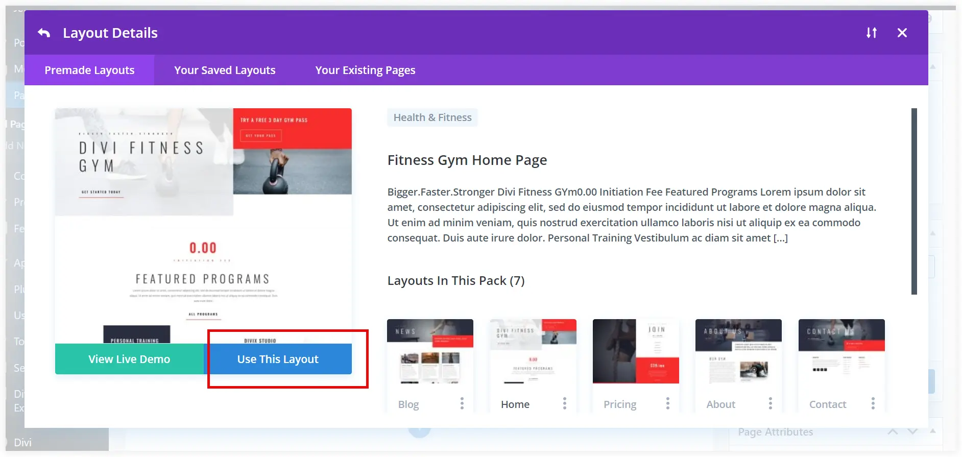 Use Divi homepage layout