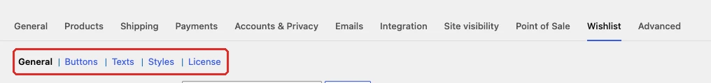 General, Buttons, Texts, Styles and License sub-tabs