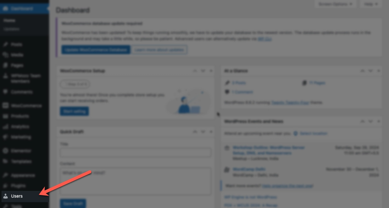 Accessing the Users option available in the WordPress Dashboard.