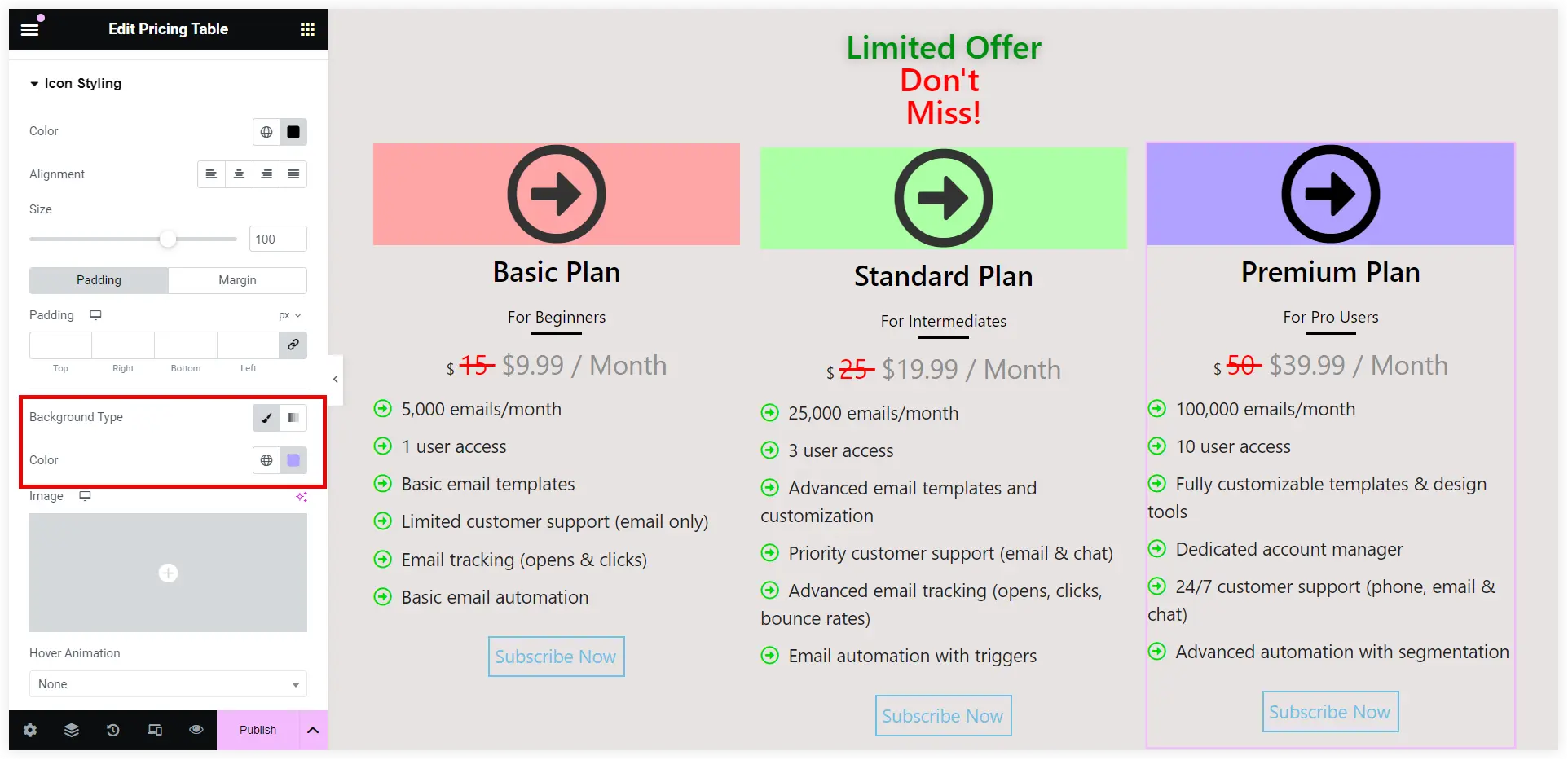 Change background color of Elementor pricing table