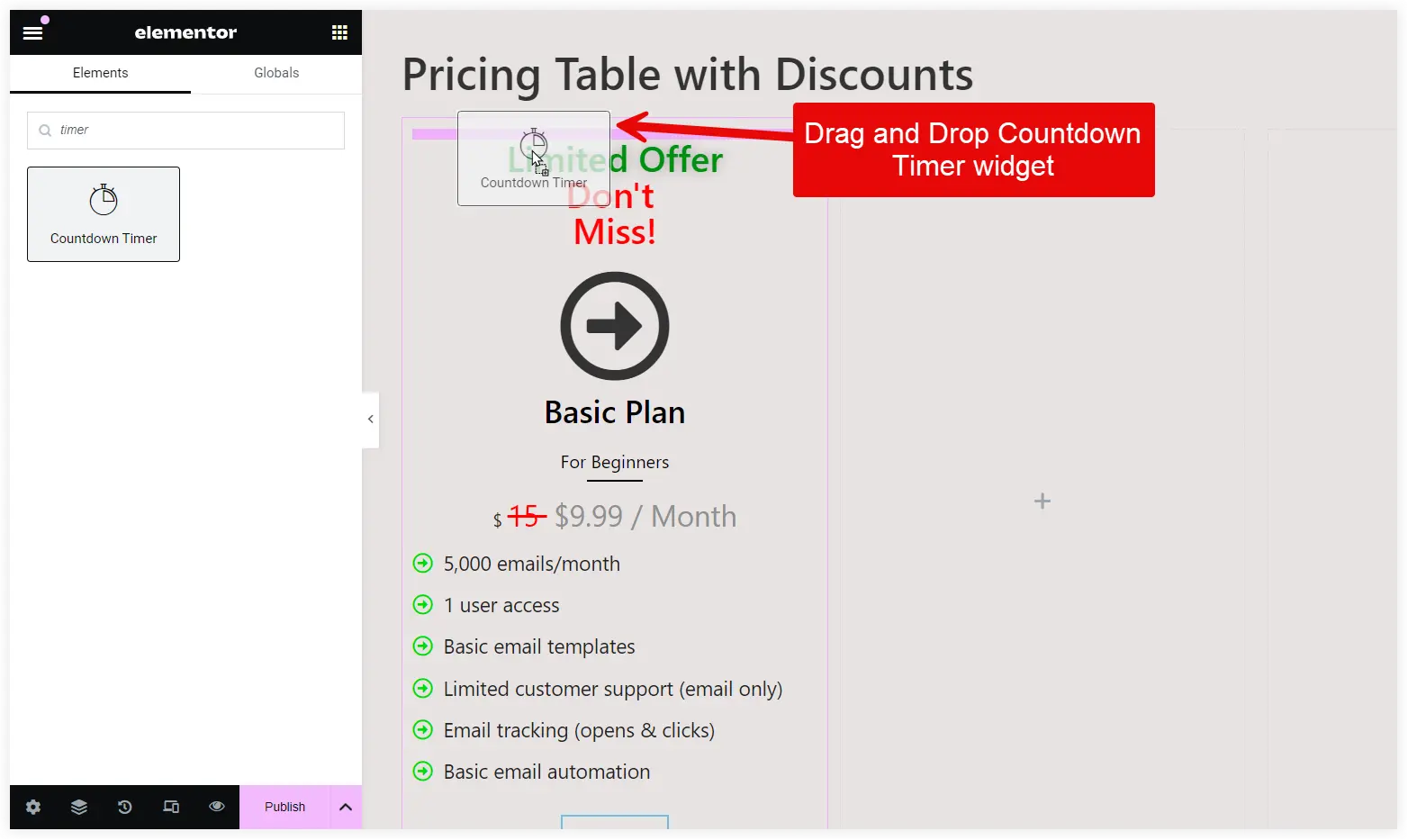 Elementor countdown timer in pricing table