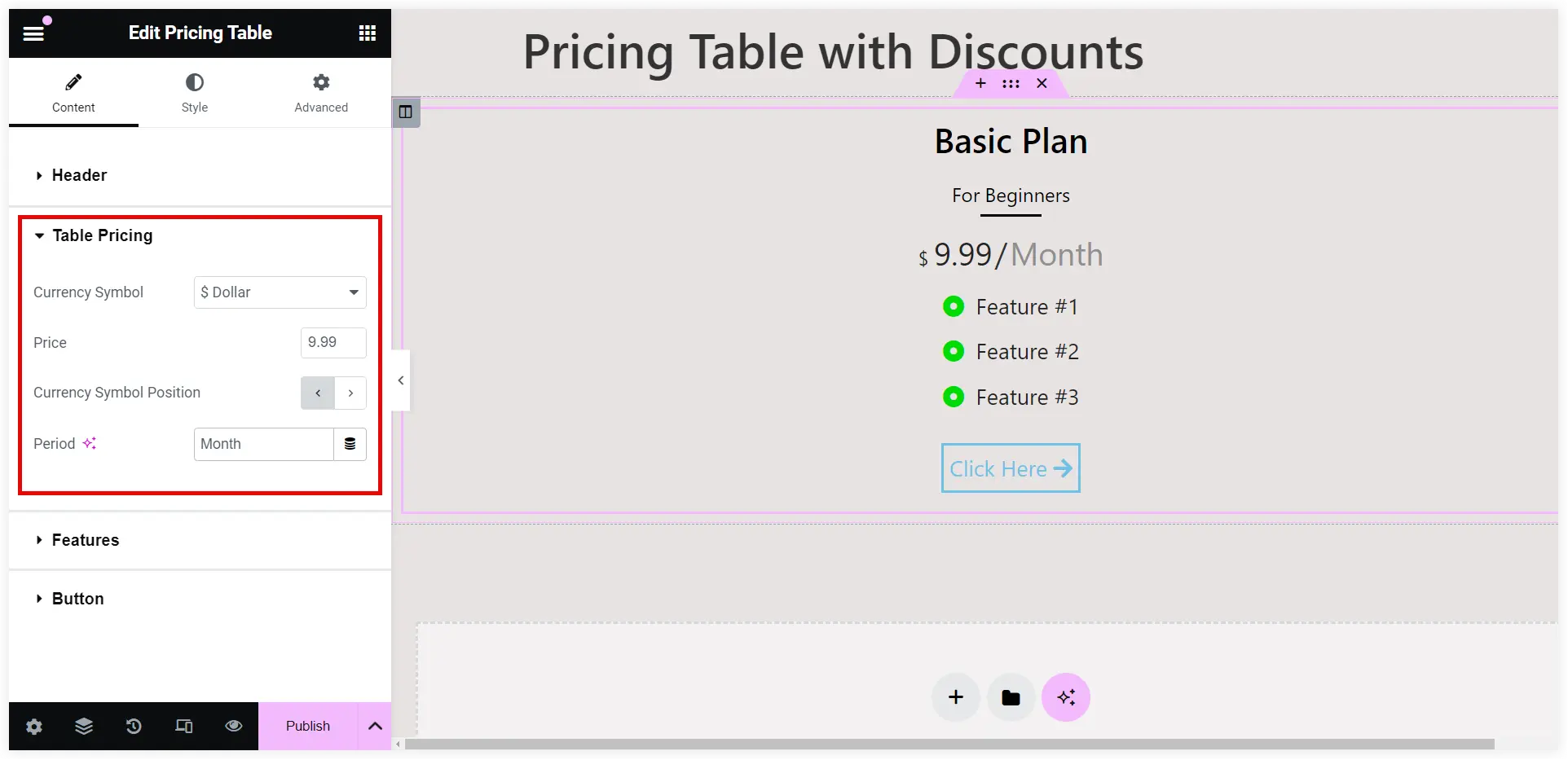 Add prices in Elementor pricing table