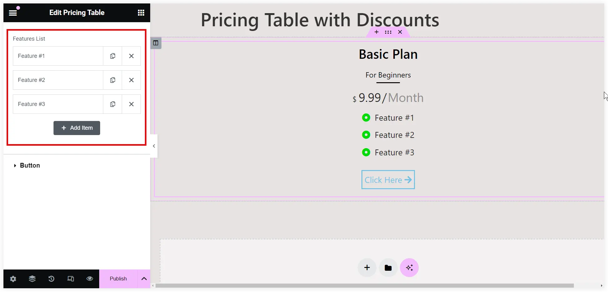 Add offerings in Elementor pricing table