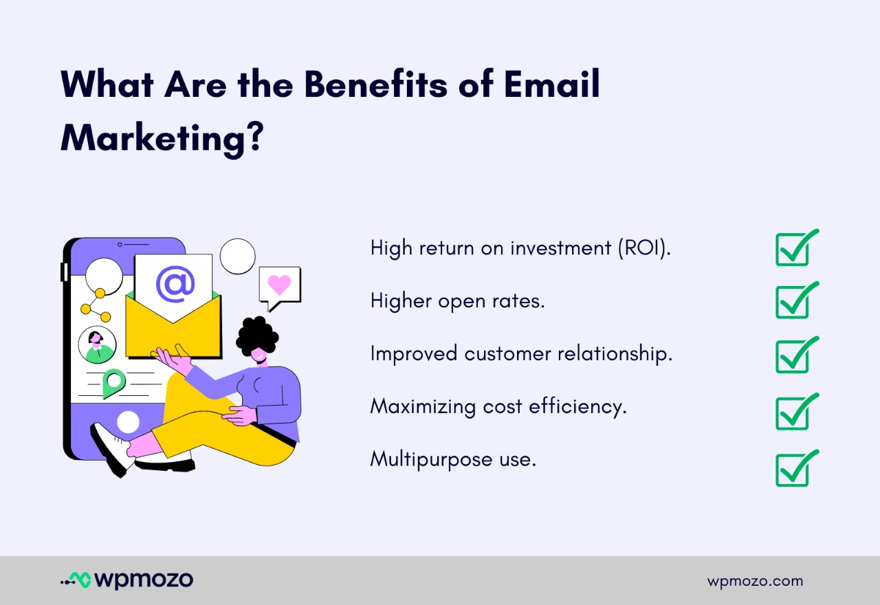 List of benefits of email marketing for a business.