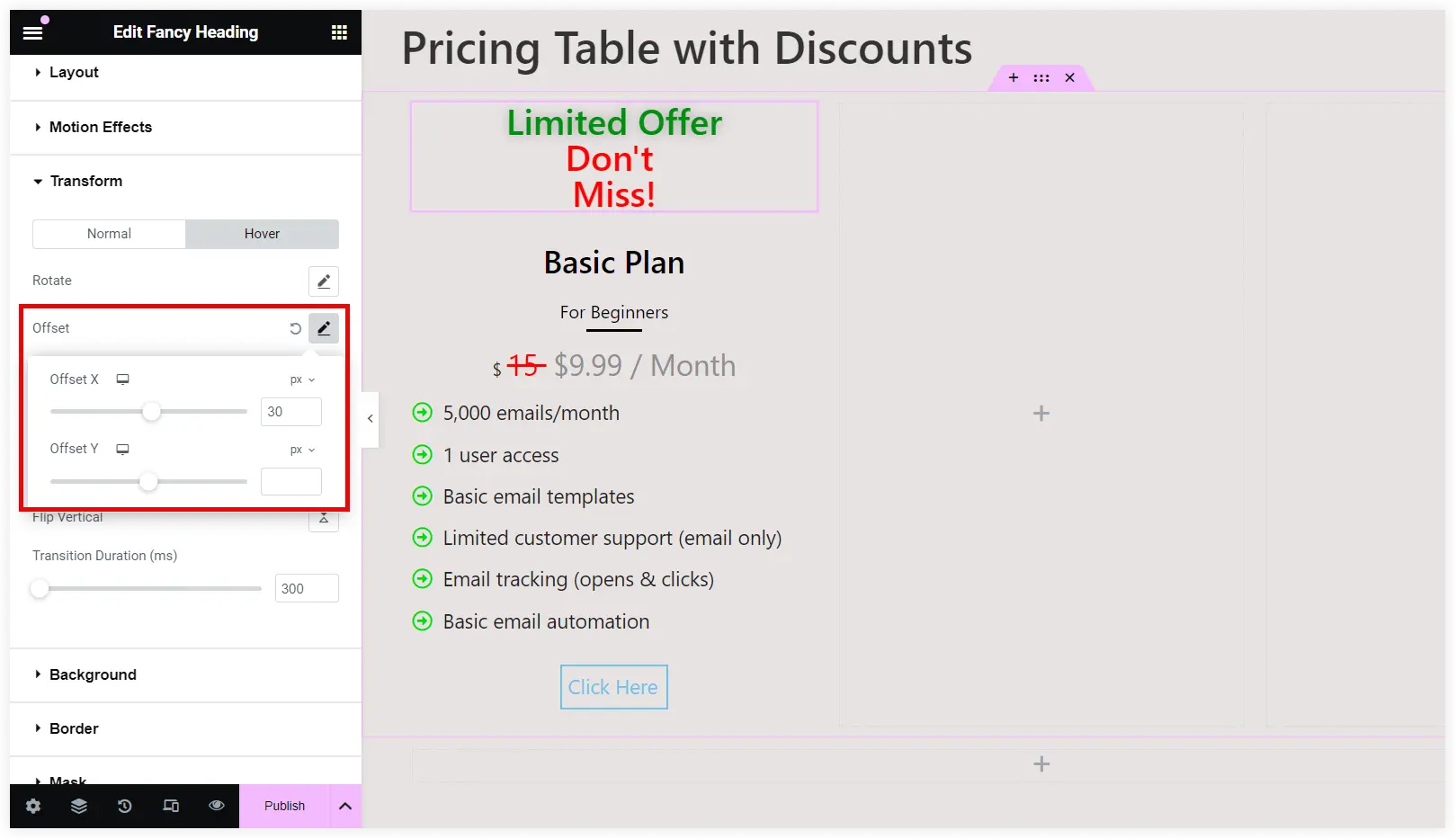 Elementor offset transform effects on  pricing table