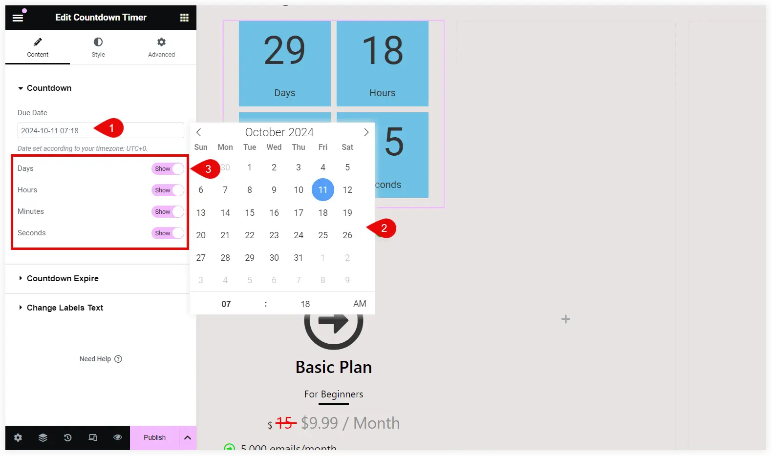 Configure Elementor countdown timer in pricing table