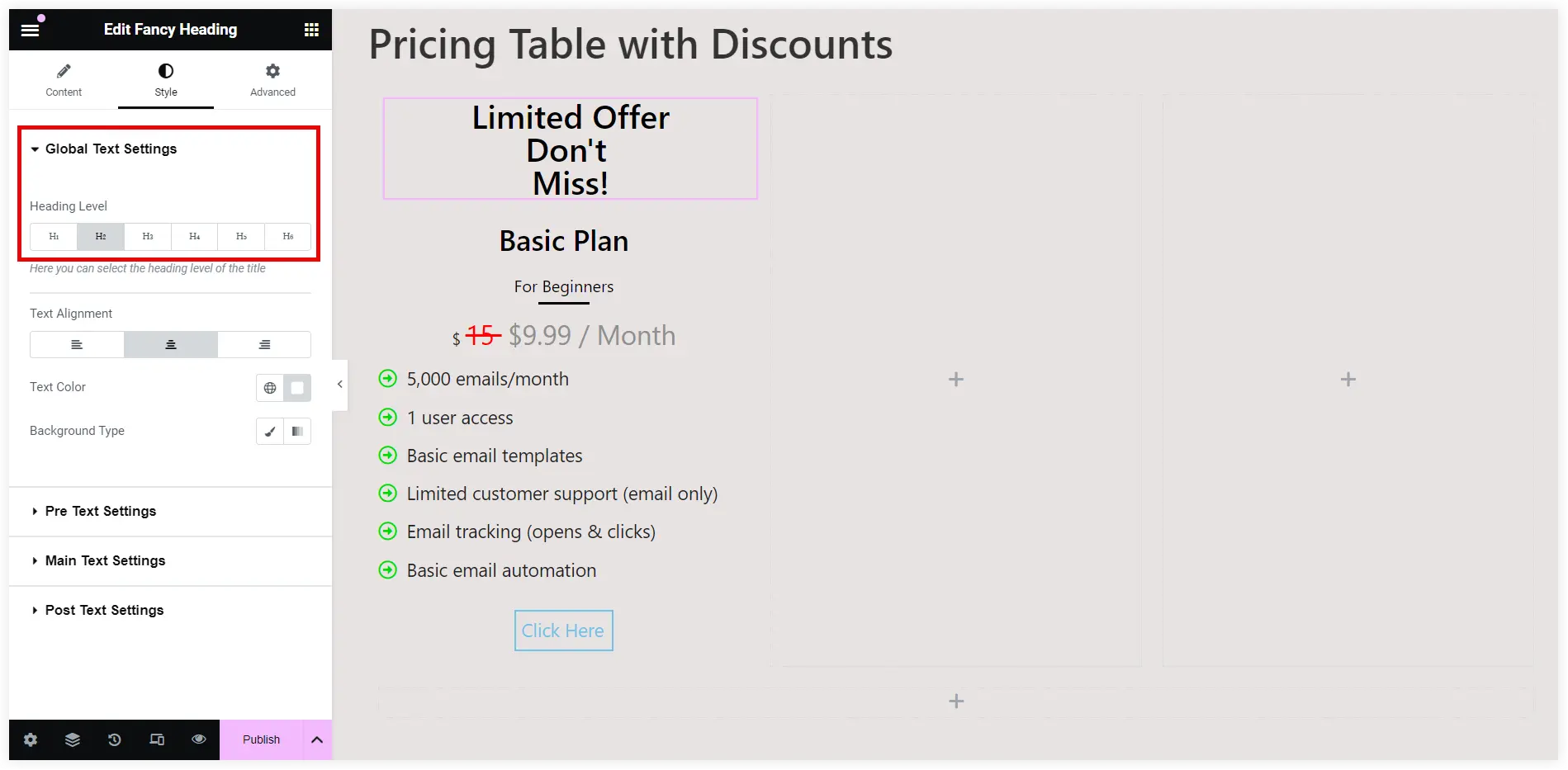 Configure global text styling of pricing table