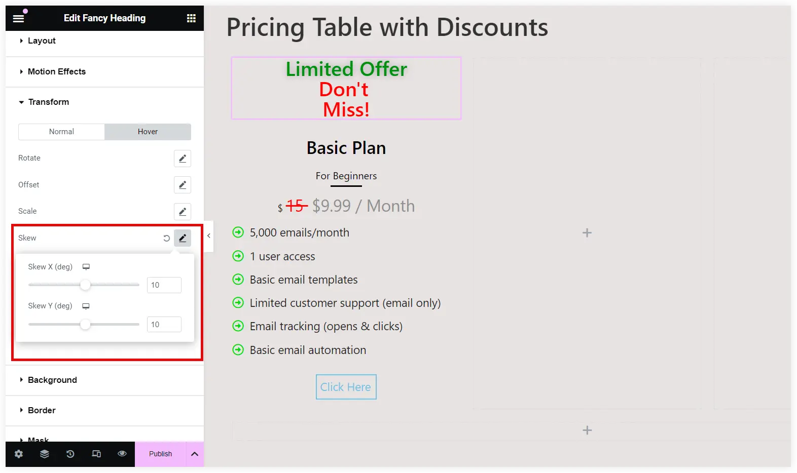 Elementor skew effects on  pricing table