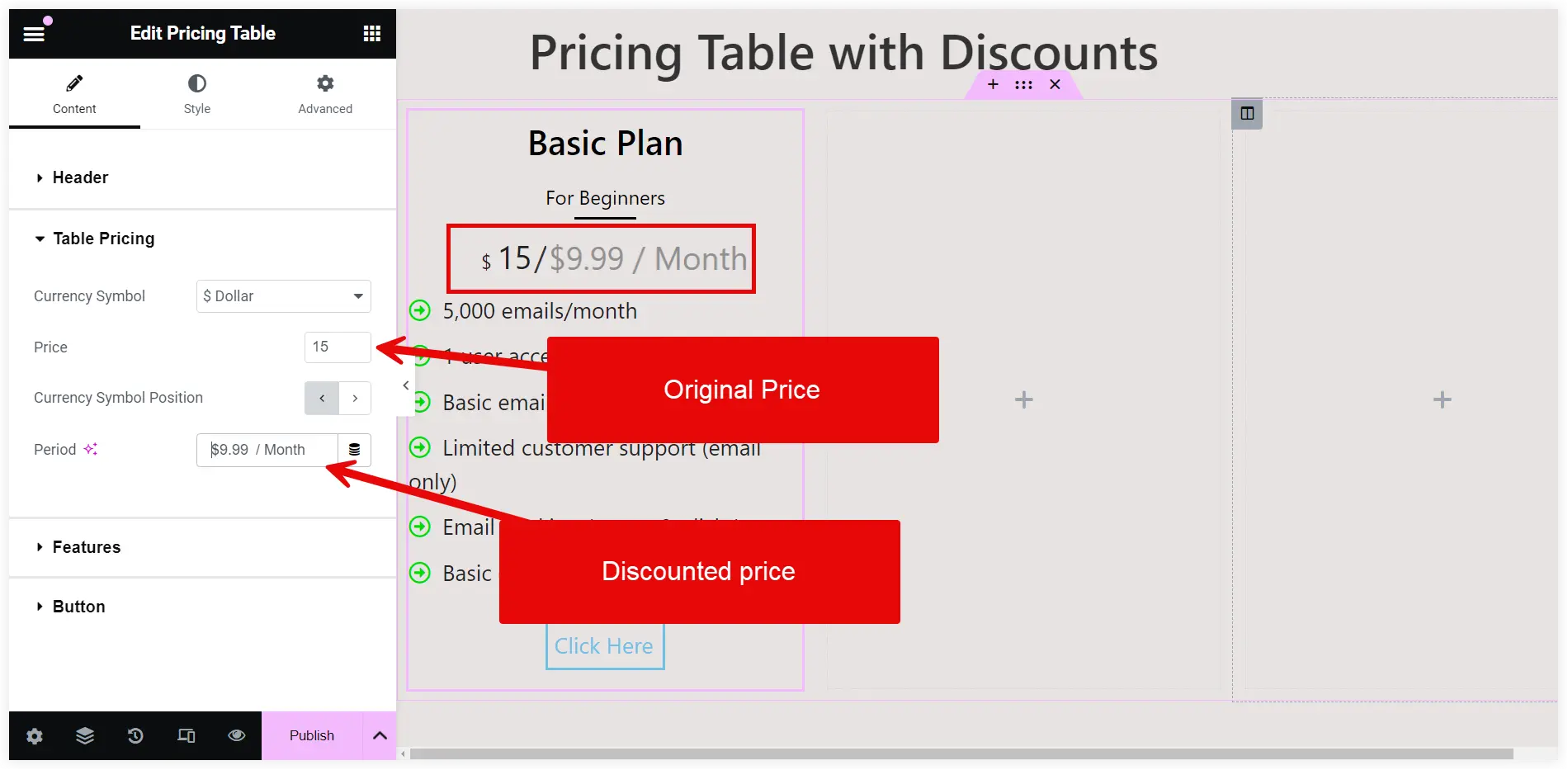 Mention pricing in Elementor pricing widget