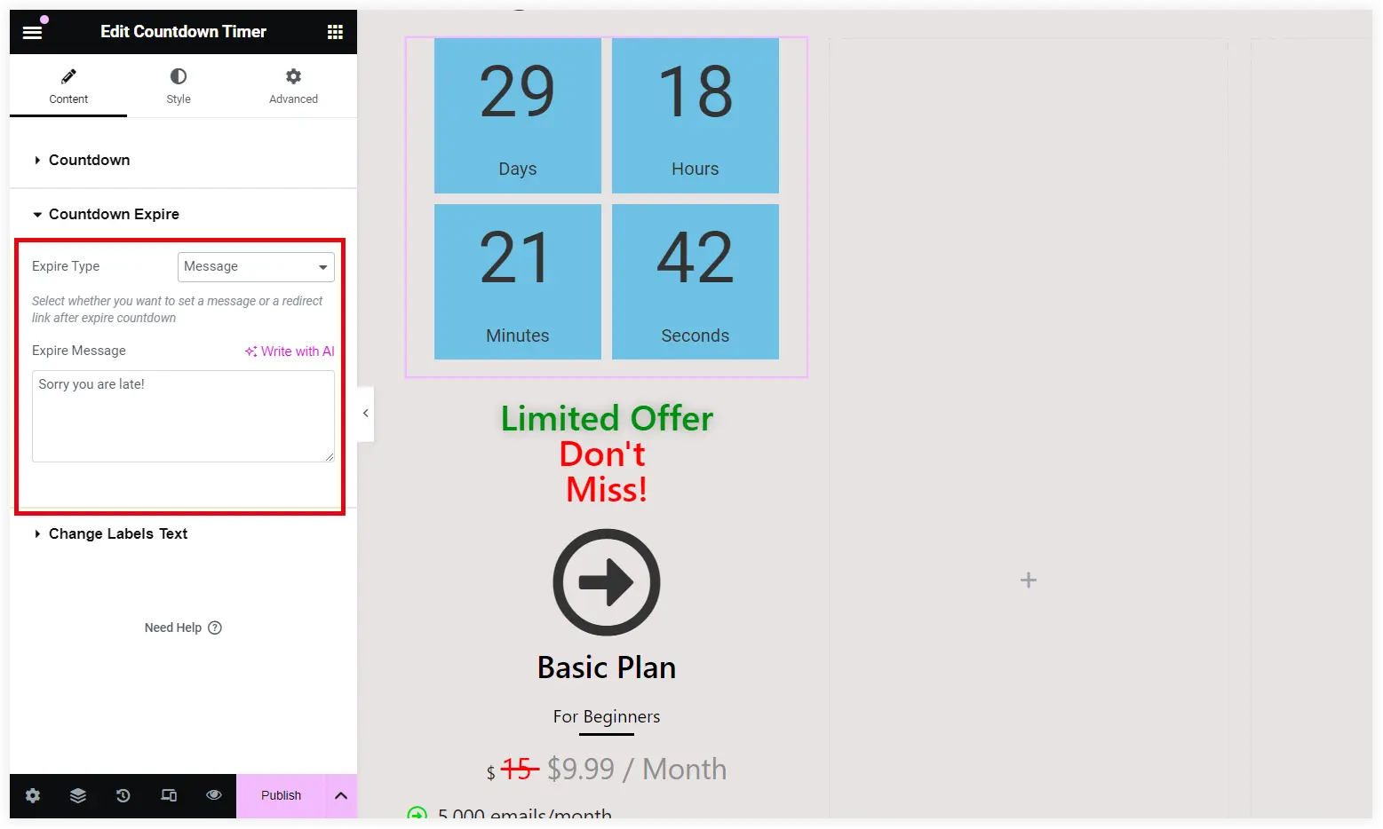 Display Elementor timer timeout message in pricing table