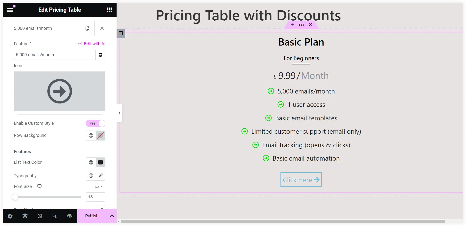 Select icon in Elementor pricing table