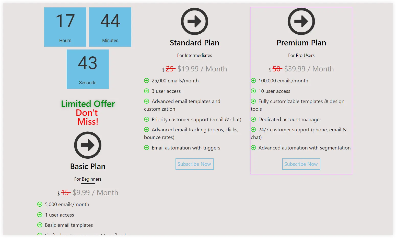 Final Elementor pricing table section