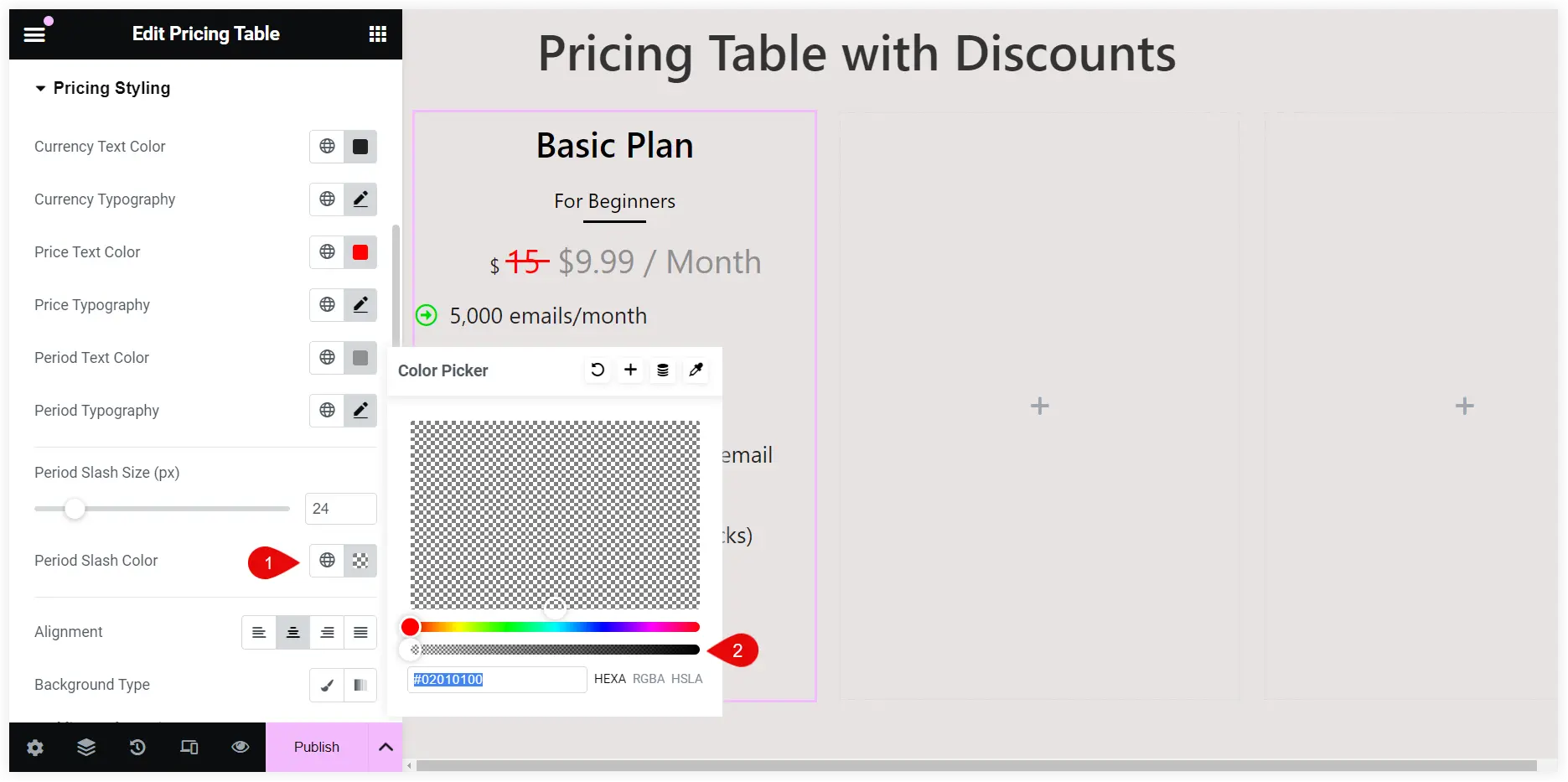 Configure discounted price in Elementor pricing table