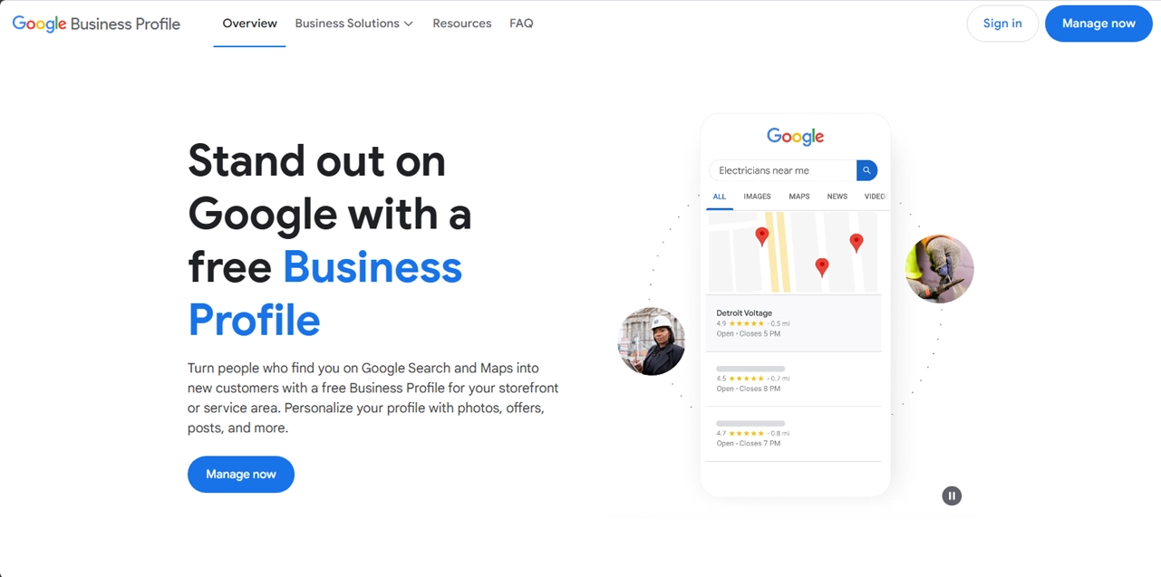 The homepage of Google Business Profile.