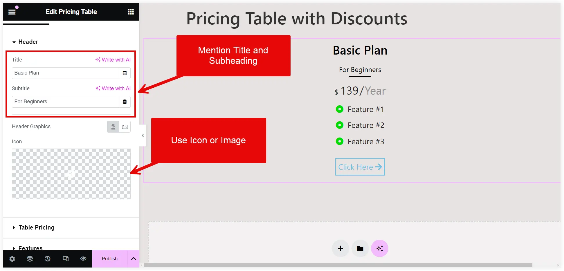 Add Elementor pricing table title