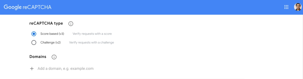 reCAPTCHA type and domains details field.
