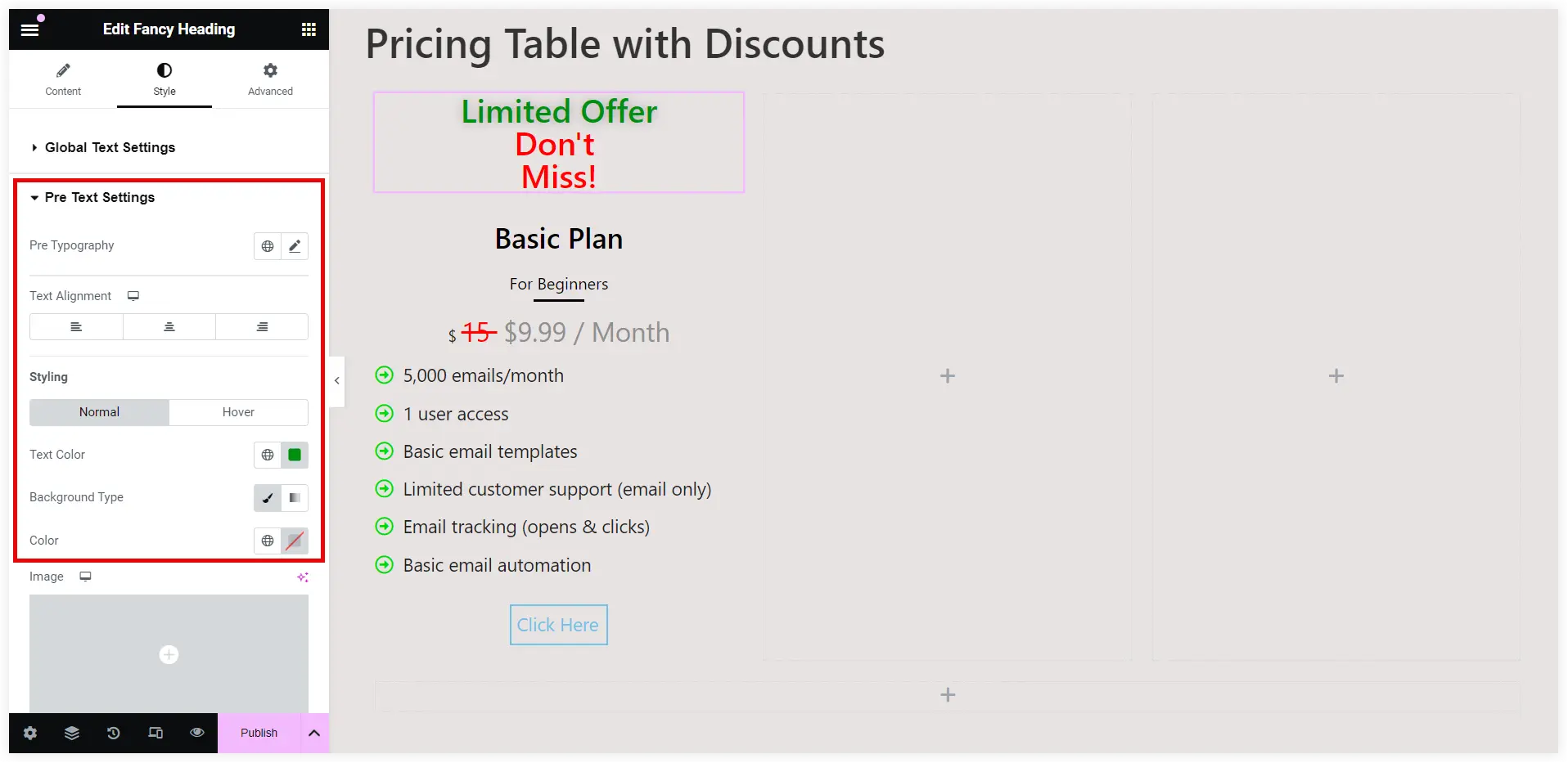 Configure pre text styling of pricing table