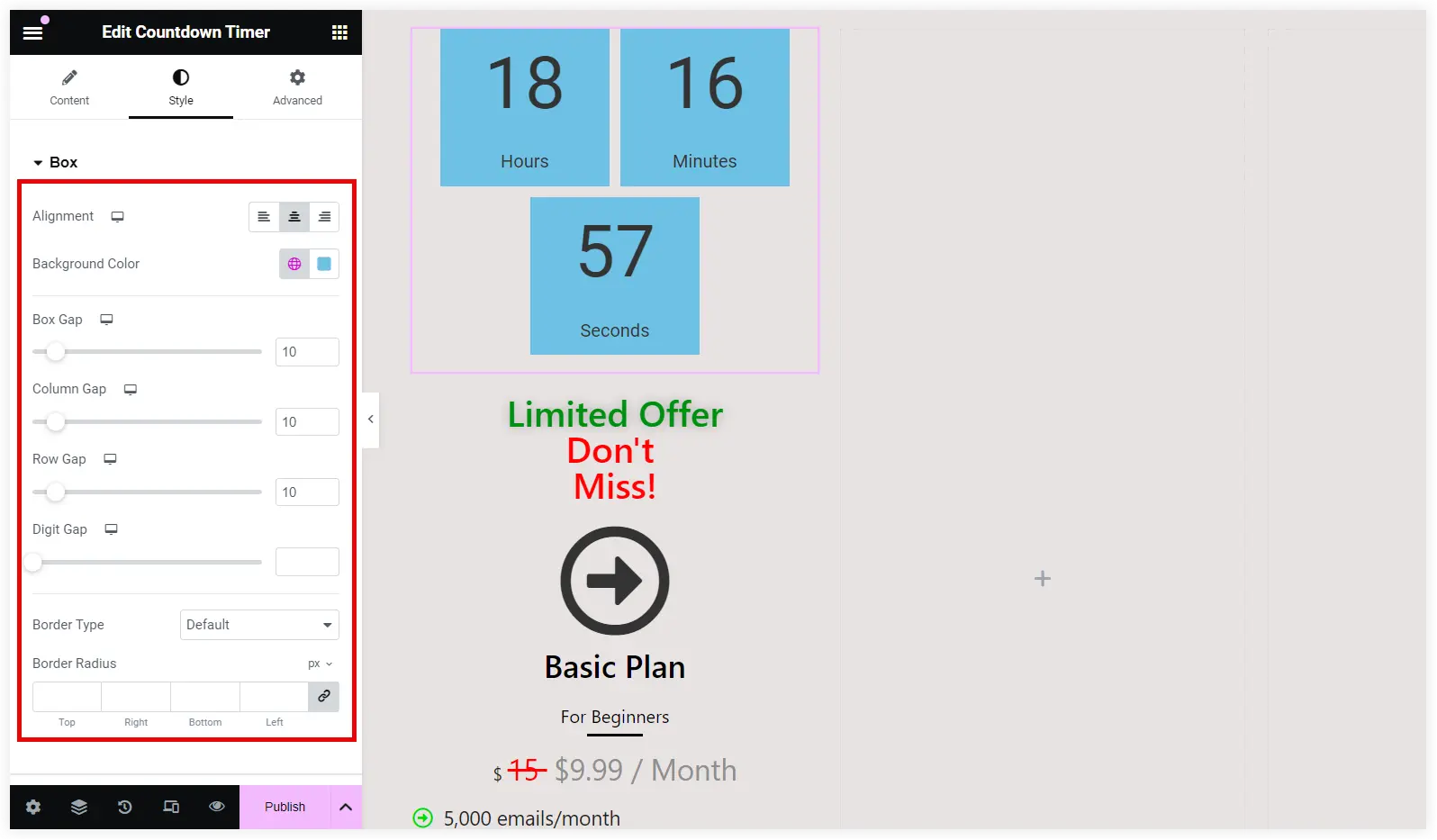 Style Elementor countdown timer in pricing table