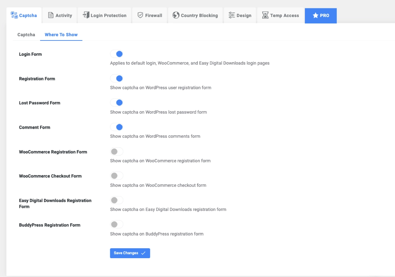 Options to define where to show the reCATPCHA on a WordPress site.