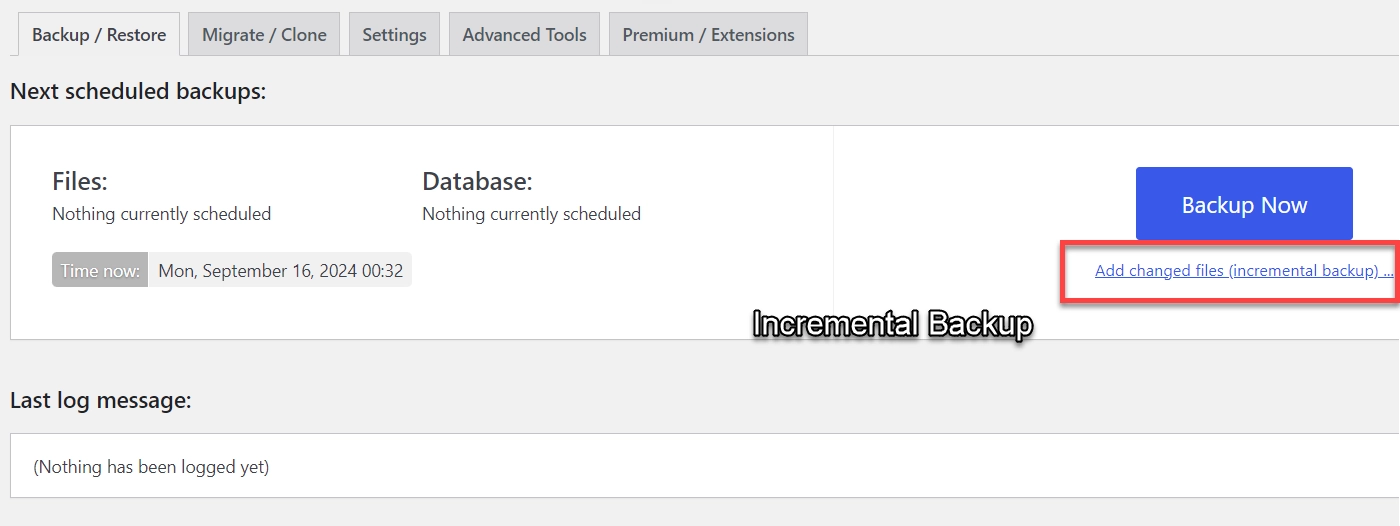 UpdraftPlus Incremental Backup option.