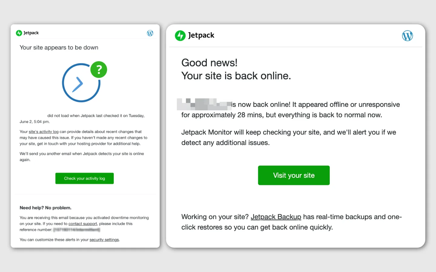Jetpack website down and up notification.