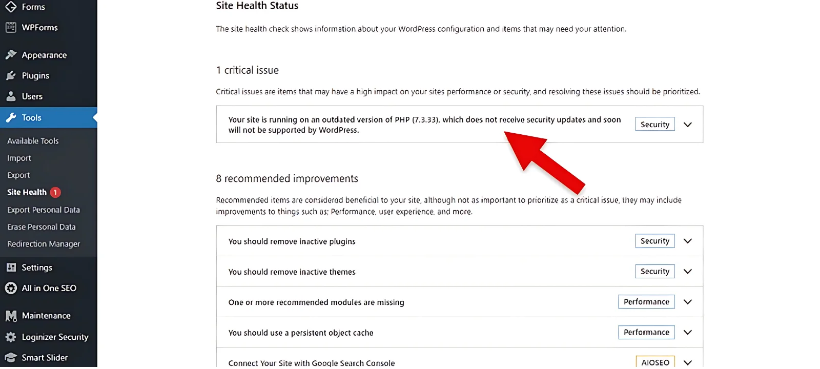 php critical issue notification