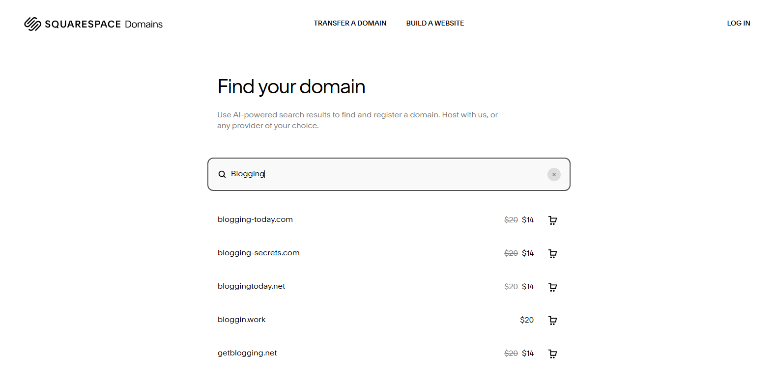 Searching for the domain name on Squarespace Domains.