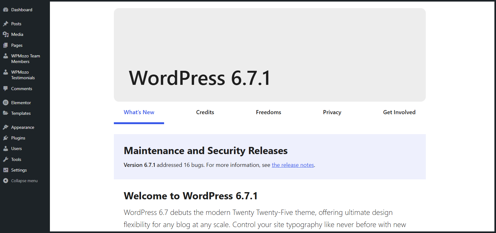 WordPress updated homepage.