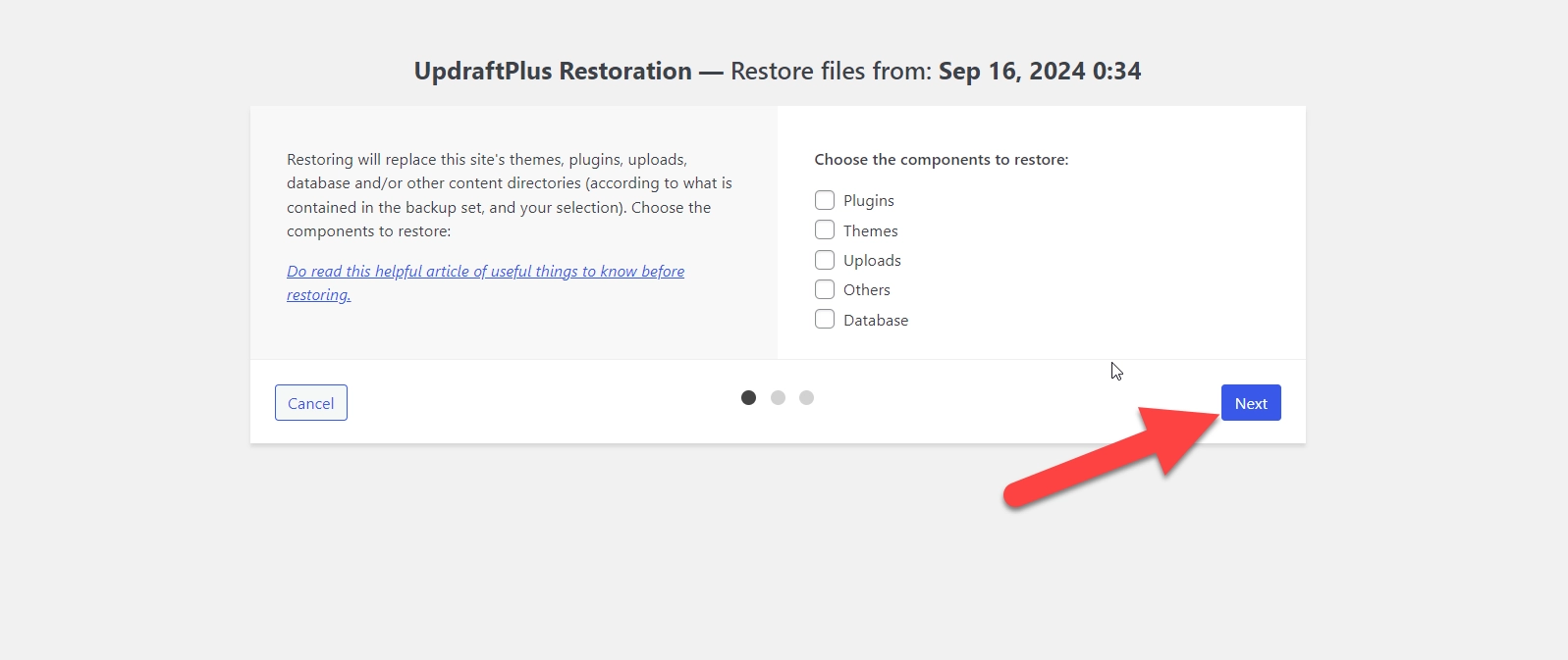 WordPress restoration using UpdraftPlus step 1