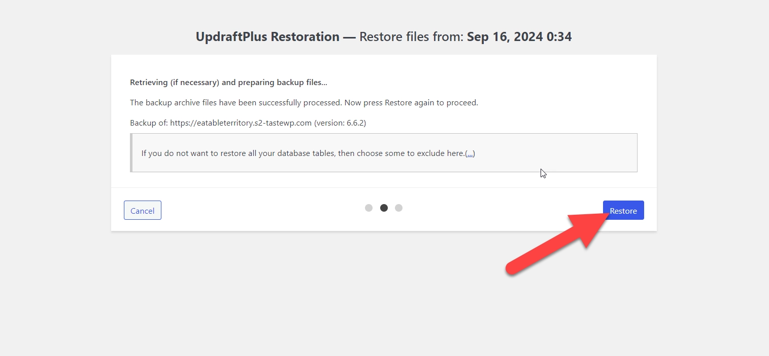 WordPress restoration using UpdraftPlus step 2