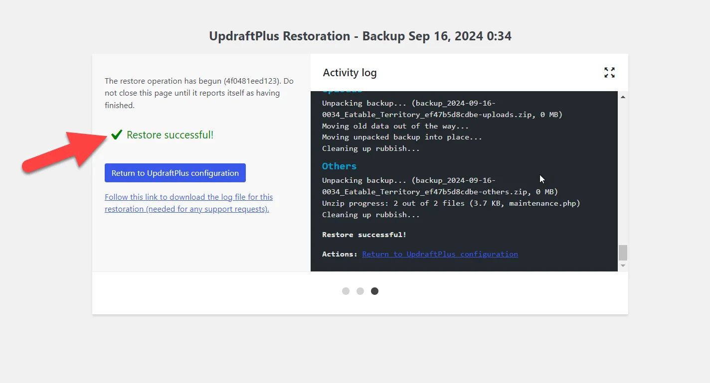 WordPress restoration using UpdraftPlus step 3