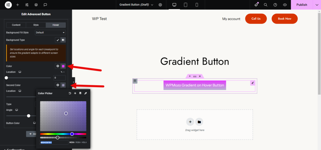 Selecting gradient color for the on hover gradient button in Elementor.