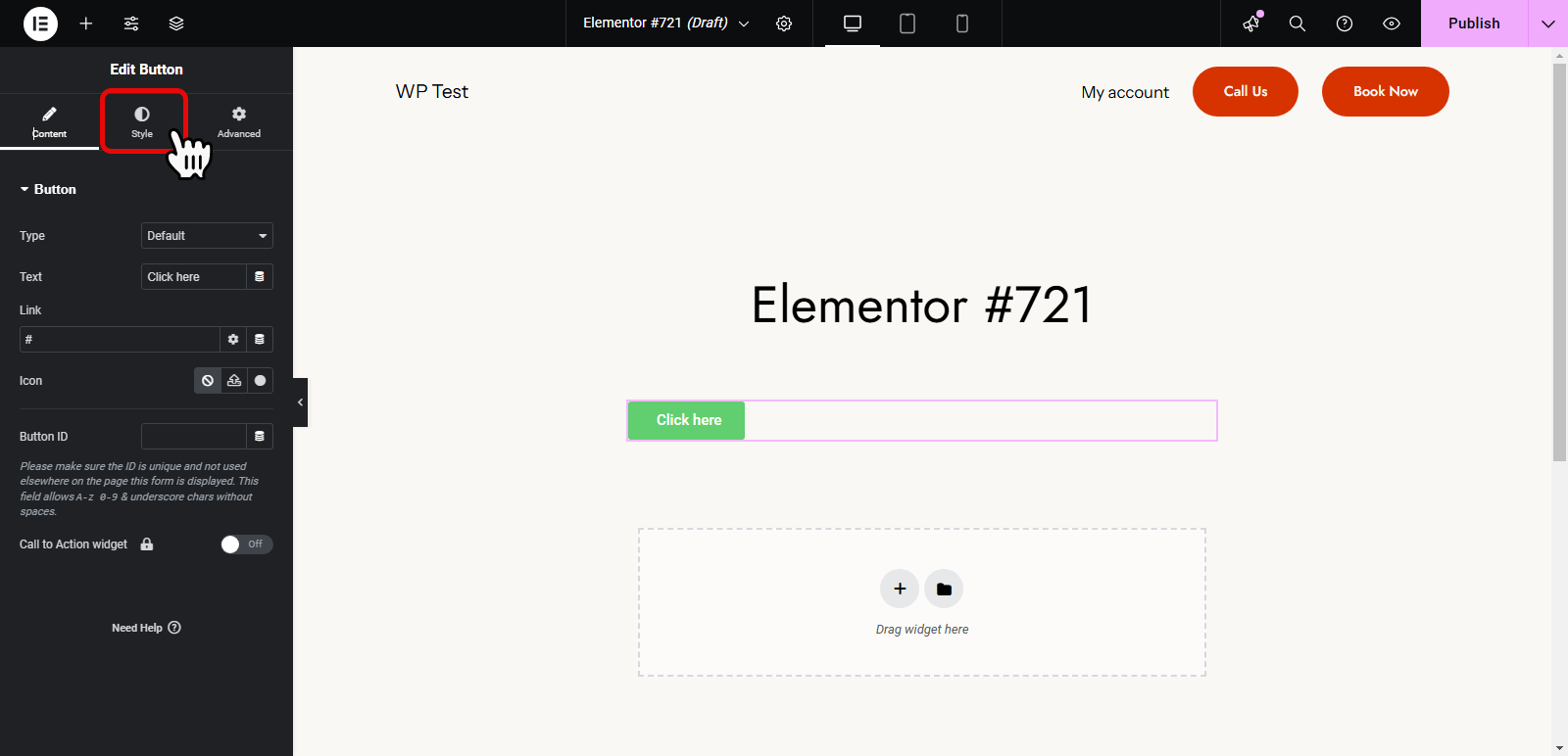 Style tab of the Elementor Button widget.