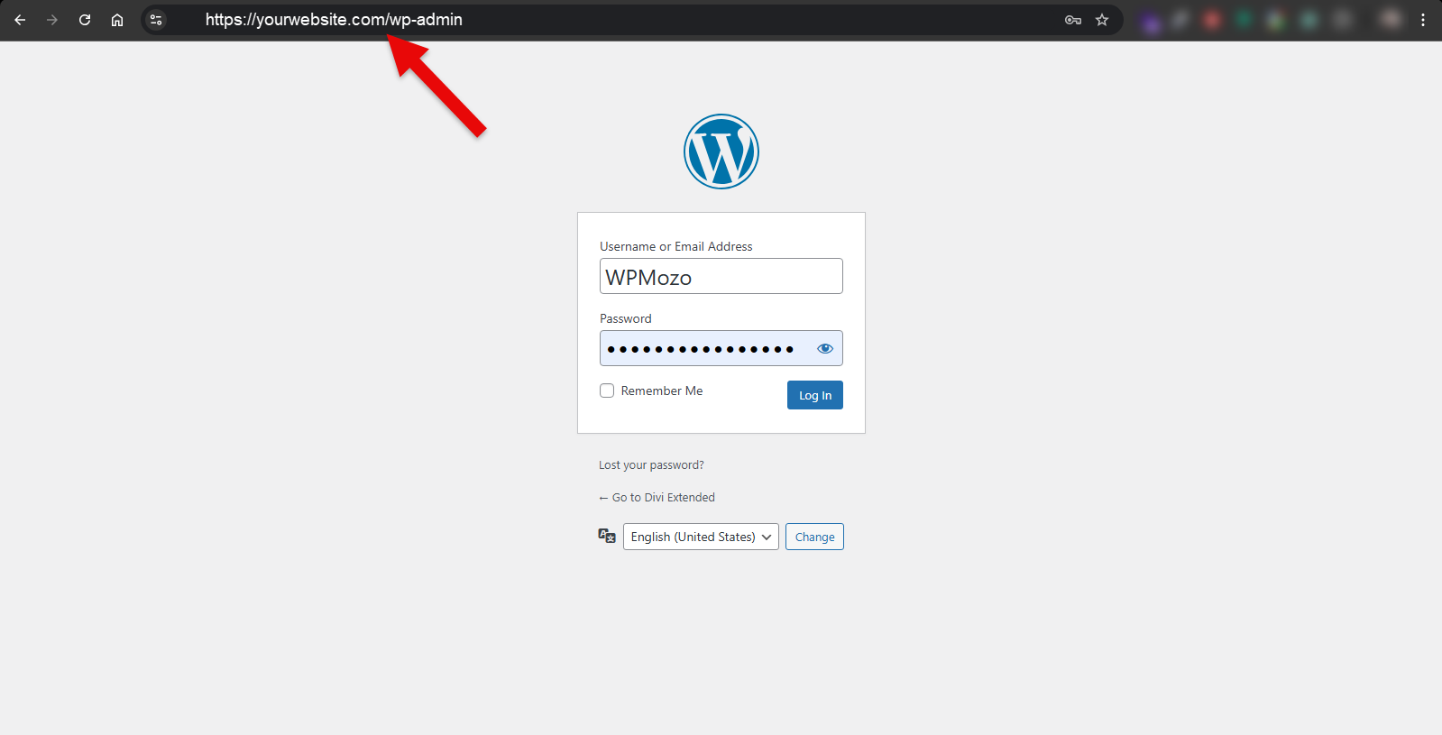 WordPress Admin login page.