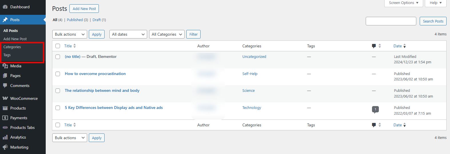 WordPress Categories and Tags option in the WordPress dashboard.