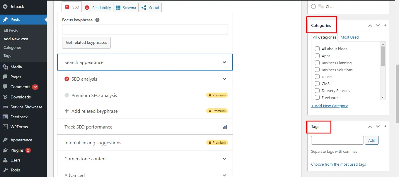 Categories and Tags in the WordPress post editor.