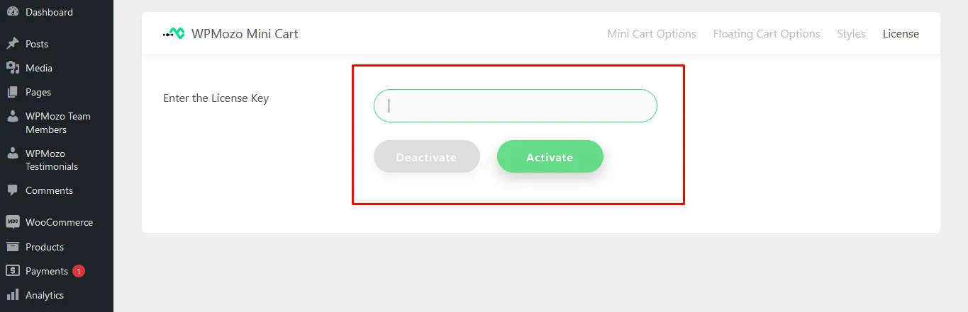 Mini Cart License Key options.