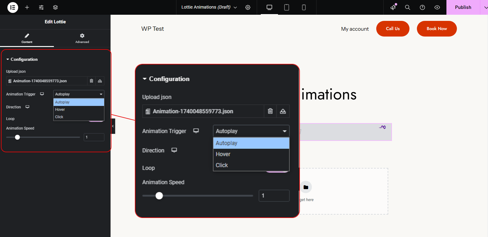 WPMozo Lottie animation trigger.