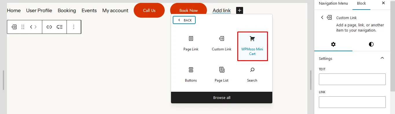 WPMozo Mini Cart Block for Navigation.