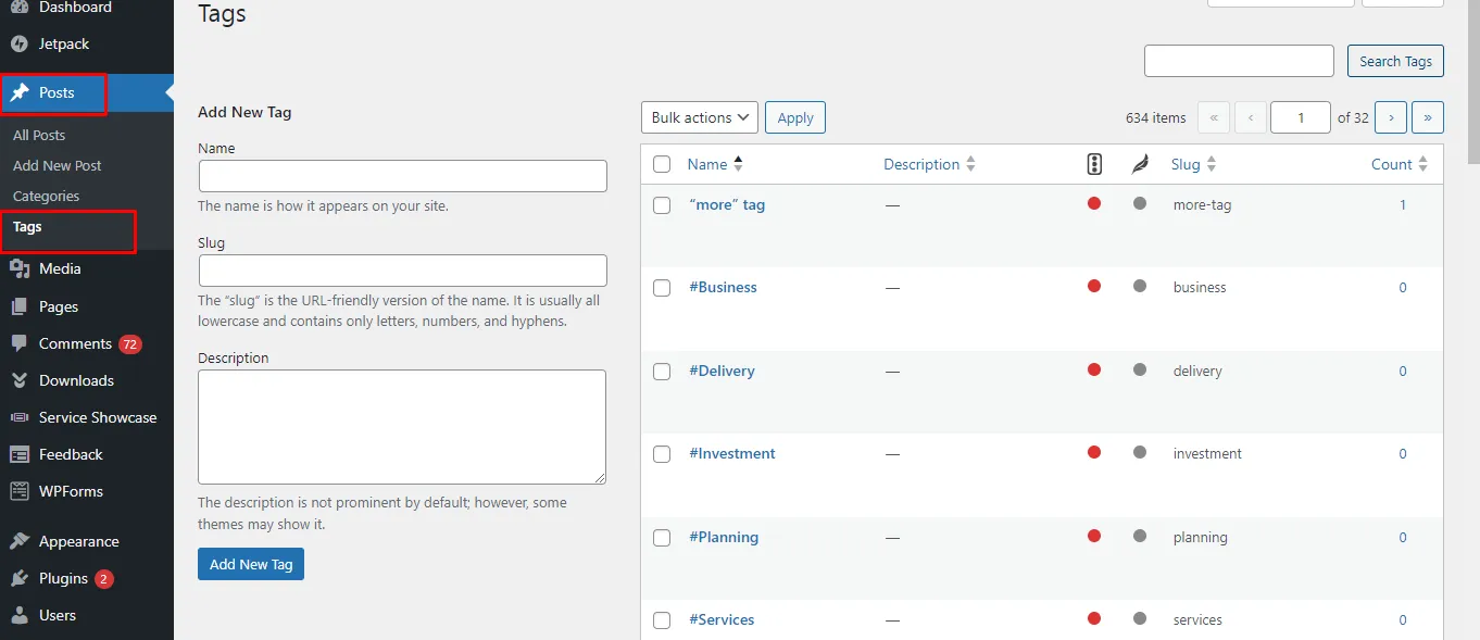 Tags option WordPress dashboard