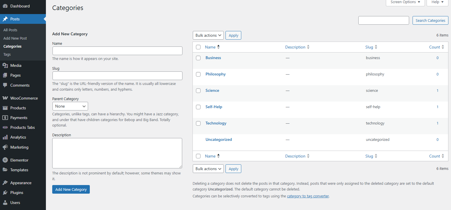 WordPress Categories page.