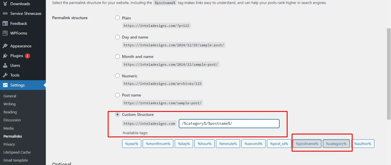 WordPress URL Custom Structure selection for Tags and Category.