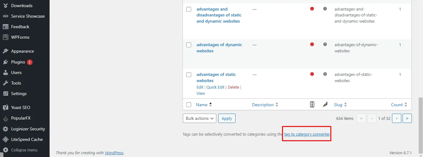 WordPress tag to category converter link