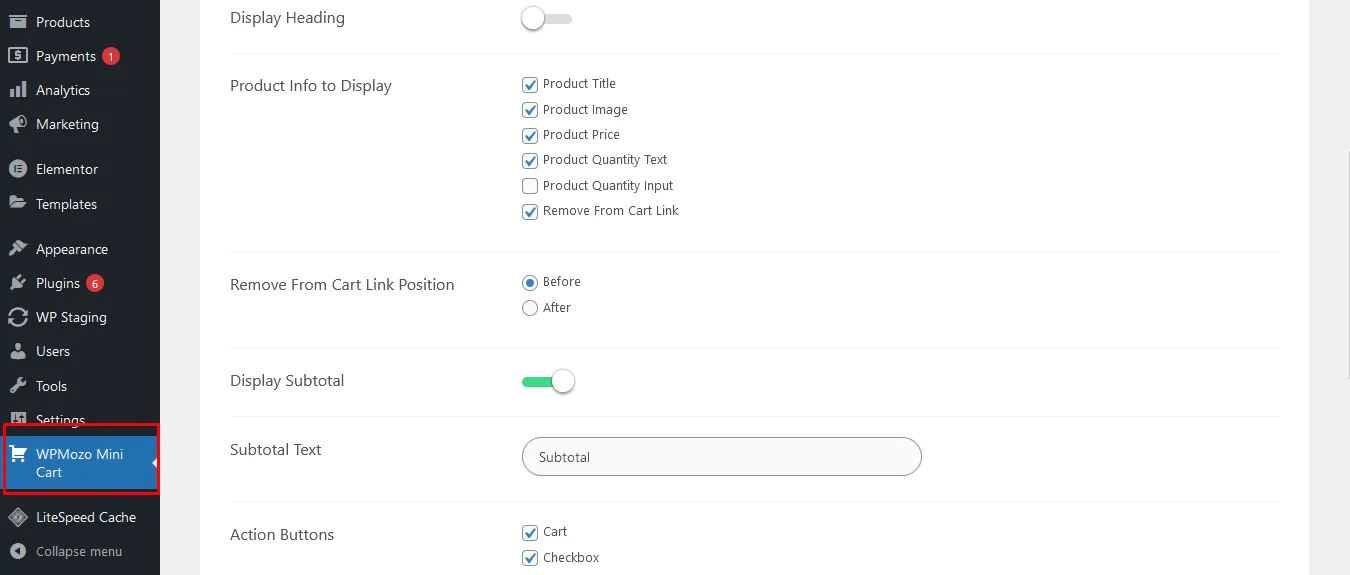 WPMozo Mini Cart plugin settings.