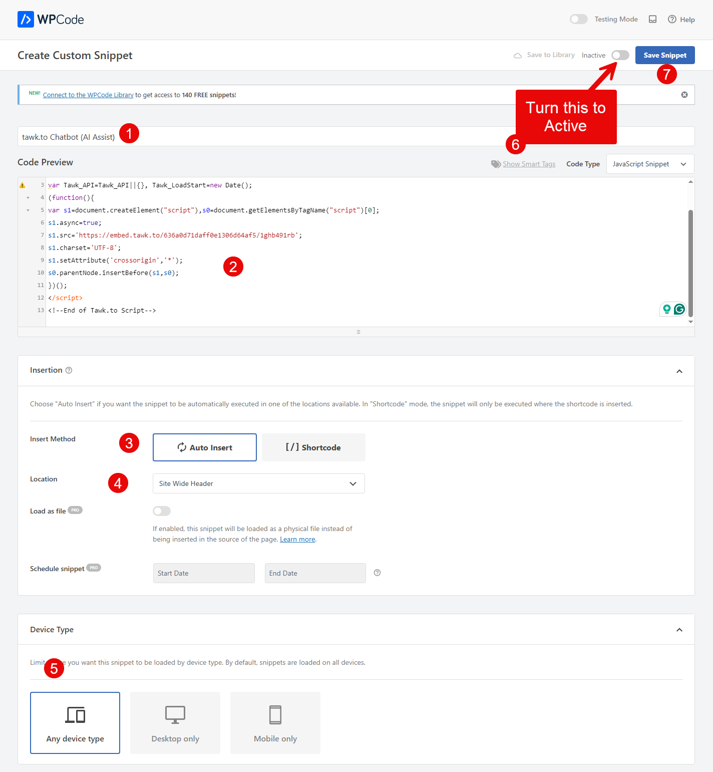 Added JS using WPCode snippet plugin for tawk.to AI assist